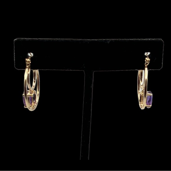 14k Solid Gold Amethyst Double Hoop  Earrings - Picture 7 of 15